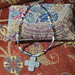 Multicolor Beaded Necklace with Silver Cross Pendant